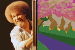 Bob Ross peeking out from behind a canvas, smiling warmly. The painting of mountains and happy little trees is cartoonified and bright.