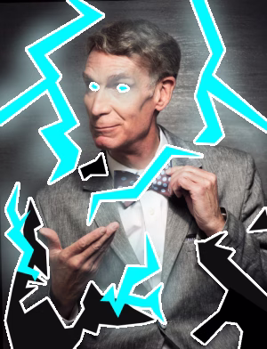 Bill Nye the Science Guy surrounded by cartoon lightning.