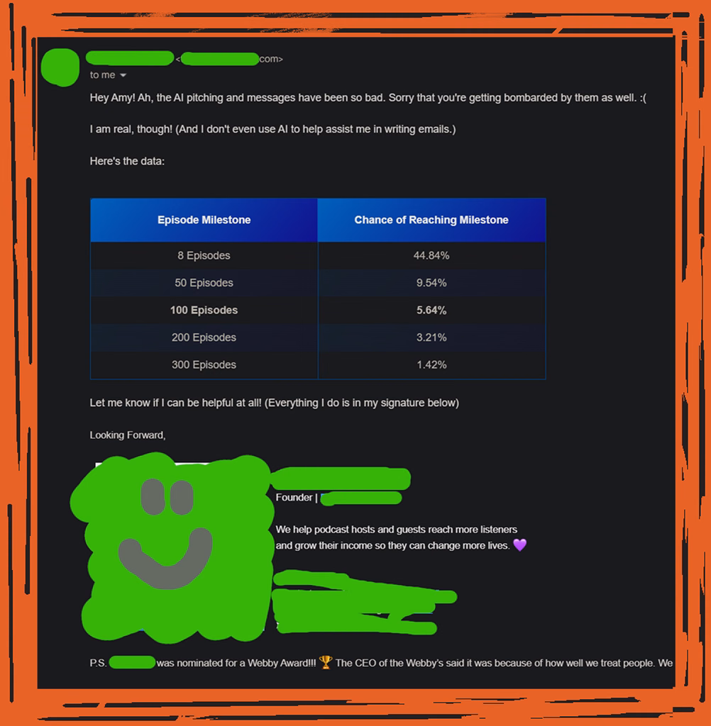 Hey Amy! Ah, the AI pitching and messages have been so bad. Sorry that you're getting bombarded by them as well. :(
I am real, though! (And I don't even use AI to help assist me in writing emails.)
Here's the data:
Episode Milestone Chance of Reaching Milestone
8 Episodes 44.84%
50 Episodes 9.54%
100 Episodes 5.64%
200 Episodes 3.21%
300 Episodes 1.42%
Let me know if I can be helpful at all! (Everything I do is in my signature below)
Looking Forward,
REDACTED AND LINKS TO OTHER THINGS THEY DO