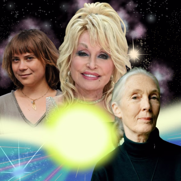 Greta Thunberg, Dolly Parton, and Jane Goodall among the stars with light shining.