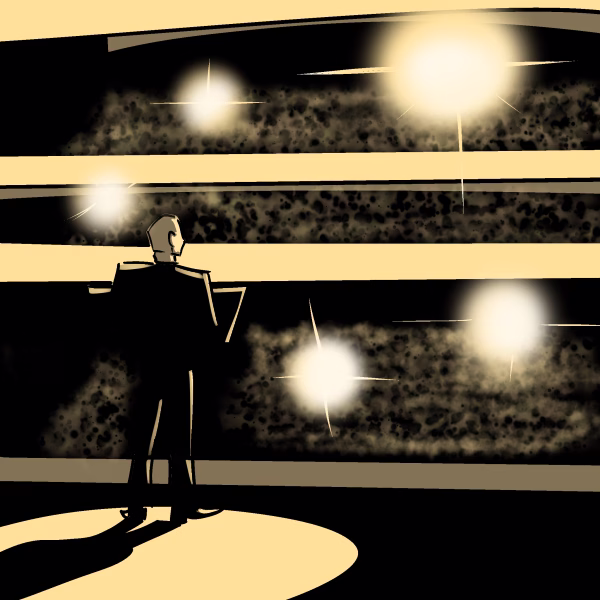Someone giving a eulogy in an amphitheater filled with sparks of light.